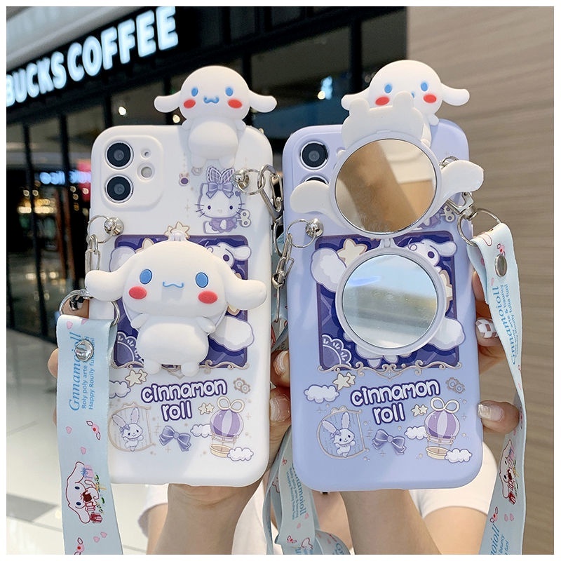 For Samsung Galaxy S24 S23 Ultra S21 S20 FE S22 S10 S9 S8 Plus เคสโทรศัพท์มือถือซิลิโคน ลายการ์ตูนชินนาม่อนโรล พร้อมกระจกแต่งหน้า และสายคล้อง สําหรับ