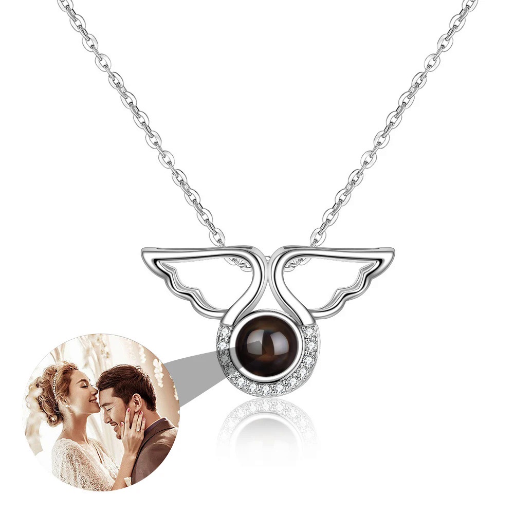 Customized Projection Angel Wings Necklace Silvery Custom Color Photos Women Man Necklace Pendant Je
