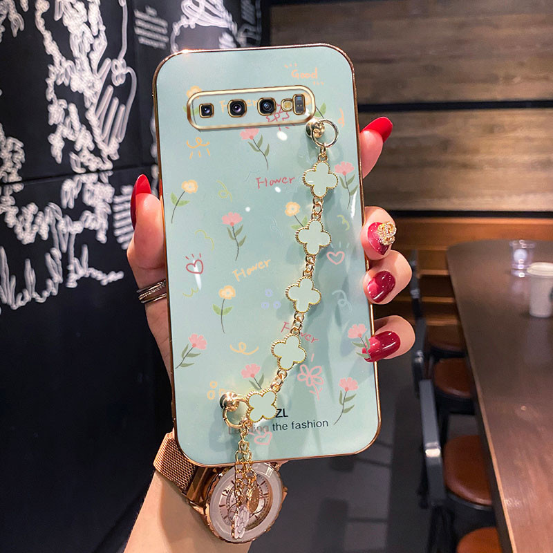 เคส Samsung Galaxy S10 S9 S8 Plus ลายดอกไม้ ขนาดเล็ก พร้อมสร้อยข้อมือโคลเวอร์สี่ใบ ซิลิโคนกันกระแทก เคสโทรศัพท์