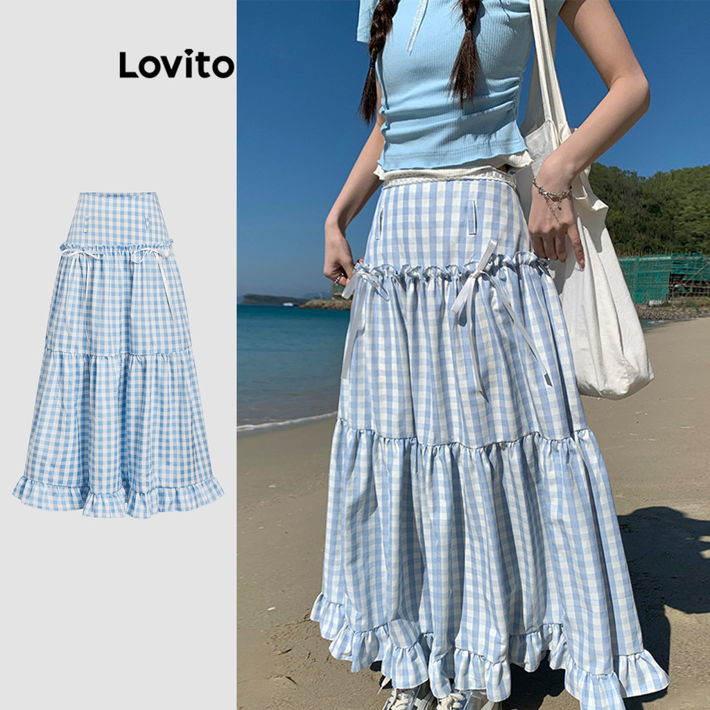 Lovito กระโปรงผูกโบว์หน้าลายสก็อตสุดน่ารักสำหรับผู้หญิง L114AD012
