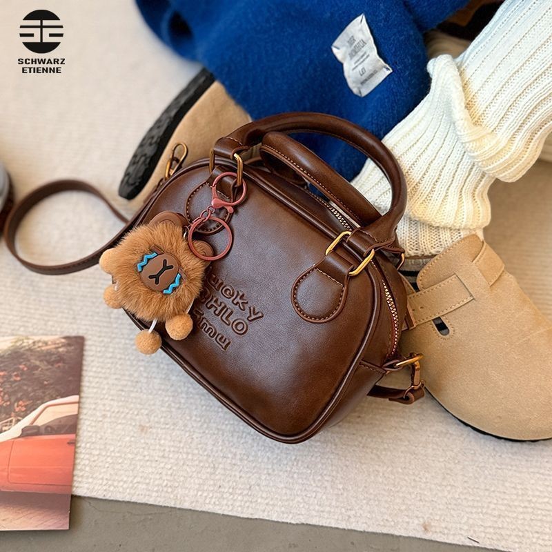 Schwarz ENTEN ผู้หญิง Cross-Body กระเป๋า Maillard สไตล์ Retro เกาหลีประเภทอเนกประสงค์ Ins Simple Bowling Pu กระเป๋าสะพาย