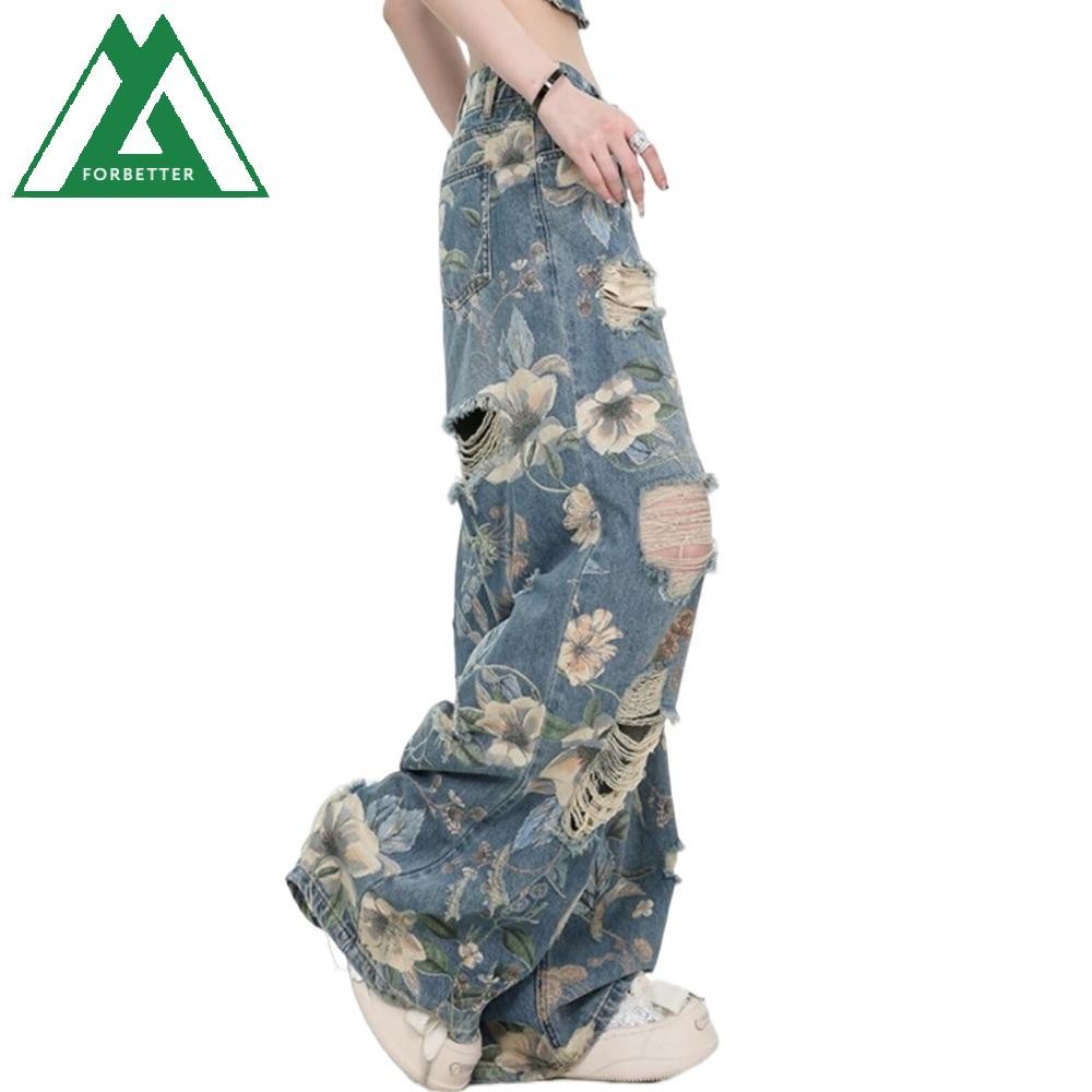 Forbetter กางเกงยีนส์ผู้หญิง Y2K, ดอกไม้ Ins กางเกงยีนส์ตรง, Retro Ripped Baggy เอวสูงหักกางเกงกลวง