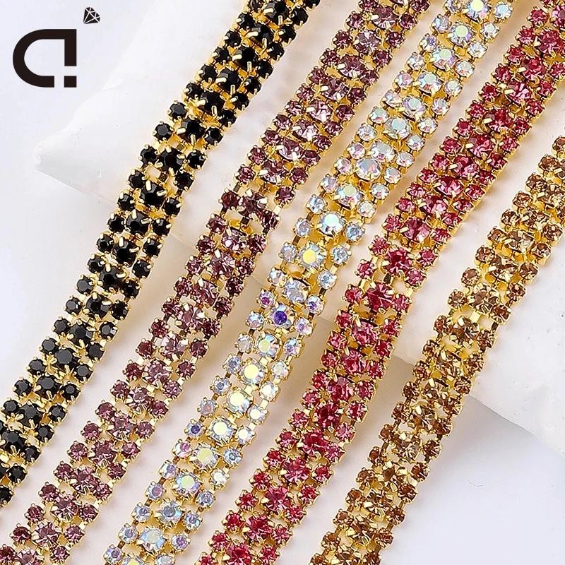 1yard 3Rows คริสตัล Rhinestone โซ่แก้วเย็บหัตถกรรม DIY Handmade ชุดแต่งงานและตกแต่งงานปาร์ตี้