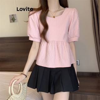 Lovito เสื้อเบลาส์ แขนพัฟ แต่งระบาย ลําลอง แบบเรียบ สําหรับผู้หญิง LNE21287 (สีชมพู)