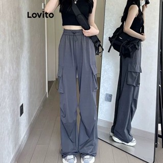 Lovito กางเกงกีฬา ขายาว มีกระเป๋า สําหรับผู้หญิง LNE21084 (สีเทาเข้ม)