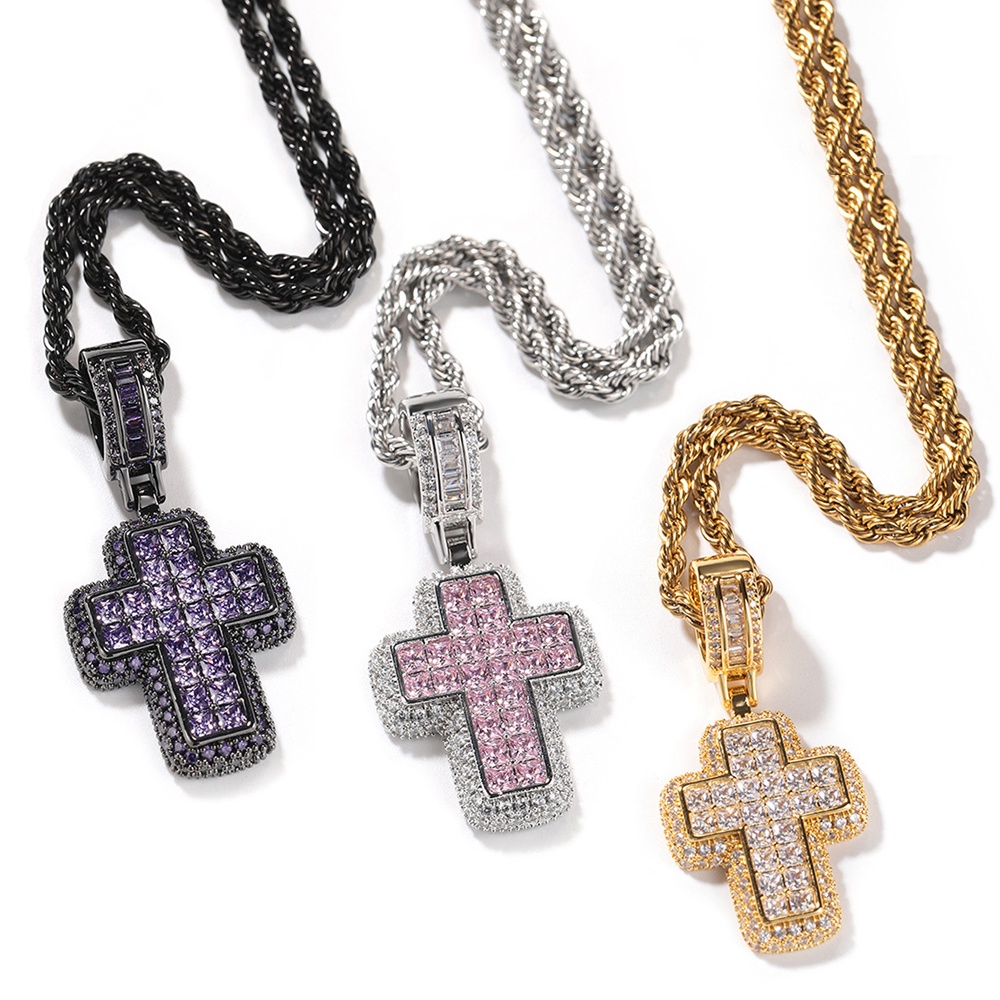 Iced Out AAA+ Cubic Zirconia ฮิปฮอป ไม้กางเขน จี้สร้อยคอเชือก สเตนเลส โซ่ บนคอ ผู้ชาย พังก์ร็อค เครื