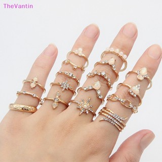 Thevantin ชุดแหวนนิ้วมือ ประดับพลอยเทียม โลหะผสม สไตล์โบโฮ วินเทจ สีทอง เครื่องประดับ ของขวัญ ปาร์ตี้ 17 ชิ้น