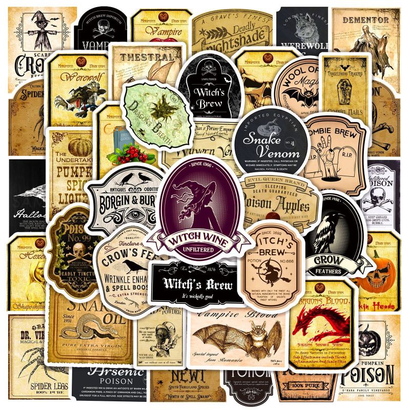 50 ชิ้น Retro ฮาโลวีนสติกเกอร์สําหรับ Party Vintage Magic Potion สติกเกอร์กันน้ําสําหรับโน้ตบุ๊คแล็ปท็อป