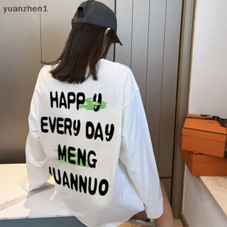 Yuan เสื้อยืดลําลอง แขนยาว คอกลม พิมพ์ลายตัวอักษร ทรงหลวม แฟชั่นฤดูใบไม้ร่วง สําหรับสตรี ZHN