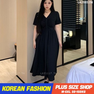 Plus size เสื้อผ้าสาวอวบ❤ เดรสสาวอวบอ้วน ไซส์ใหญ่ ผู้หญิง เดรสออกงาน ยาว แขนสั้น คอวี สีพื้น ฤดูร้อน สไตล์เกาหลีแฟชั่น