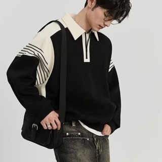 Tide BEAR ใหม่ เสื้อโปโล แขนยาว มีซิป สีตัดกัน แฟชั่นสไตล์อเมริกันเรโทร สําหรับผู้ชาย