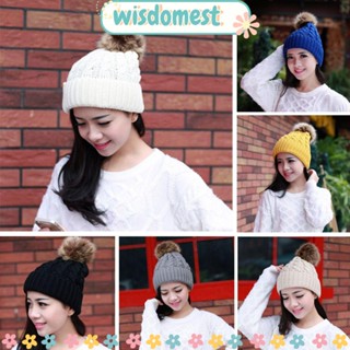 WISDOMEST หมวกบีนนี่ ผ้าถักโครเชต์ แต่งขนเฟอร์ ให้ความอบอุ่น แฟชั่นสําหรับเล่นสกี