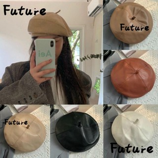 Future หมวกเบเร่ต์ หมวกหนัง PU สีดํา อเนกประสงค์ สไตล์เรโทร แฟชั่นฤดูใบไม้ผลิ และฤดูหนาว