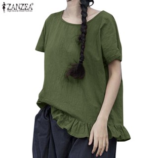 Zanzea เสื้อเบลาส์ คอกลม แขนสั้น ผ้าฝ้าย ผ้าลินิน สีพื้น สําหรับผู้หญิง