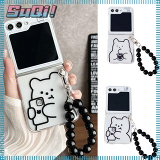 Suqi เคสป้องกันโทรศัพท์มือถือ PC TPU แบบใส ลายหมีน่ารัก ประดับมุก สําหรับ Galaxy Z Flip5 Z Flip4 Z Flip3 3 4 5 1 ชิ้น