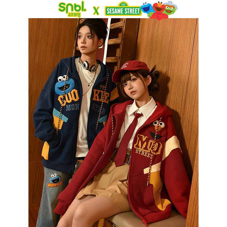 สีน้ำเงินพร้อมส่ง L Sesame Street unisex couple outfit American sweatshirt hooded jacket เสื้อฮู้ดโอ