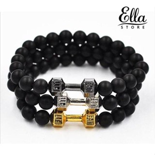 Ellastore123 สร้อยข้อมือ หินดัมเบล เนื้อแมตต์ สีดํา ปรับได้ สไตล์พังก์ แฟชั่น สําหรับทุกเพศ