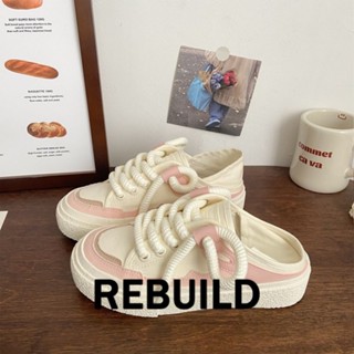 REBUILD  รองเท้าผ้าใบผู้หญิง สีขาว พื้นหนา รองเท้าผ้าใบส้นสูงส้นหนา รองเท้าแฟชั่น ผูกเชือก  สบาย ทันสมัย ทิพย์ สง่า FBX239164P37Z230915