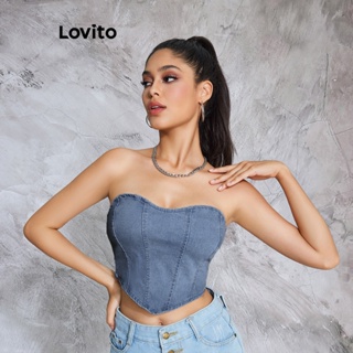 Lovito เสื้อยีนเดนิม คอกลม ทรงอสมมาตร ลายเส้นโครงร่าง สีพื้น สไตล์ลำลอง สำหรับผู้หญิง LBE02044 (สีน้ำเงิน)