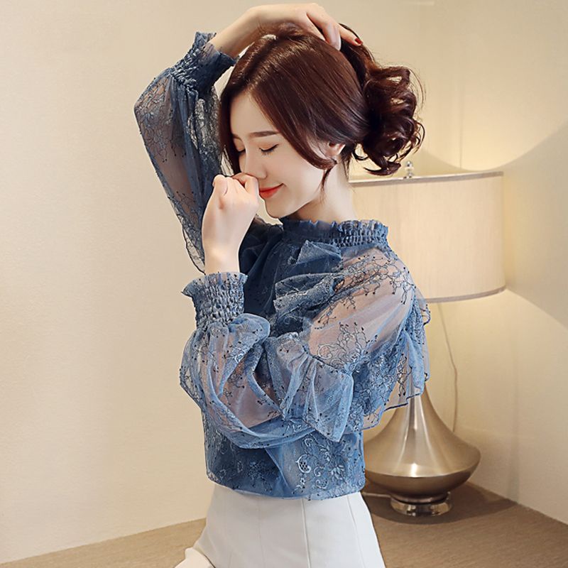 เสื้อเบลาส์ แขนยาว ผ้าชีฟอง แต่งลูกไม้ สไตล์เกาหลี สําหรับผู้หญิง