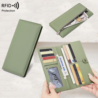 มาใหม่ RFID กระเป๋าสตางค์ ใบยาว หนัง PU มีซิป บางพิเศษ ใส่บัตรเครดิตได้ สําหรับสตรี