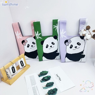 Ssunshine กระเป๋าถือ กระเป๋าสะพายไหล่ ผ้าถัก ลายแพนด้า แฮนด์เมด นํากลับมาใช้ใหม่ได้ สําหรับผู้หญิง