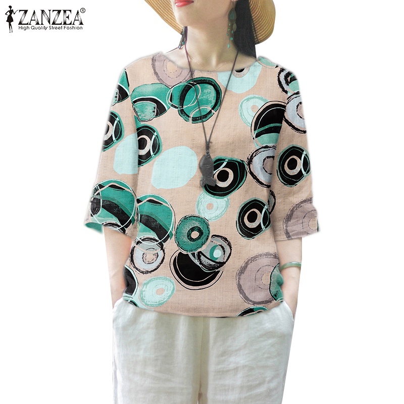 Zanzea เสื้อเบลาส์ลําลอง คอกลม แขน 3/4 พิมพ์ลาย สไตล์เกาหลี สําหรับผู้หญิง