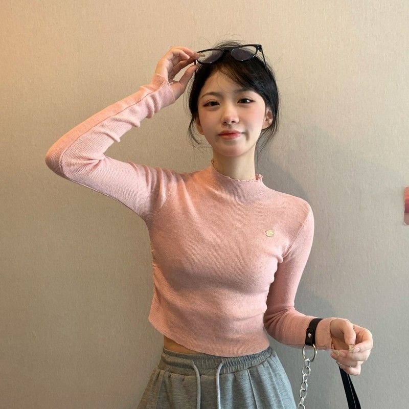 เสื้อยืด คอเต่า ผ้าถักโครเชต์ เข้ารูป สีชมพู สําหรับผู้หญิง 2023