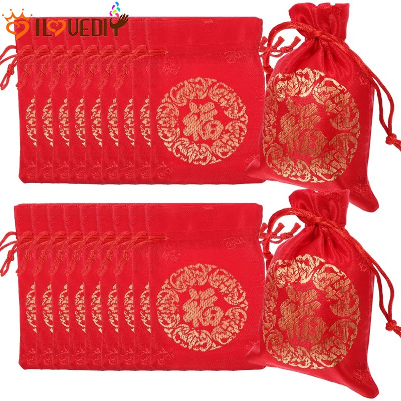 Cny Happy New Year Brocade Gift Packaging Silk Bag / Small Items Jewelry Drawstring Pouch / Chinese Lucky Bag / New Year Candy Bag Wedding Favor Treat Container