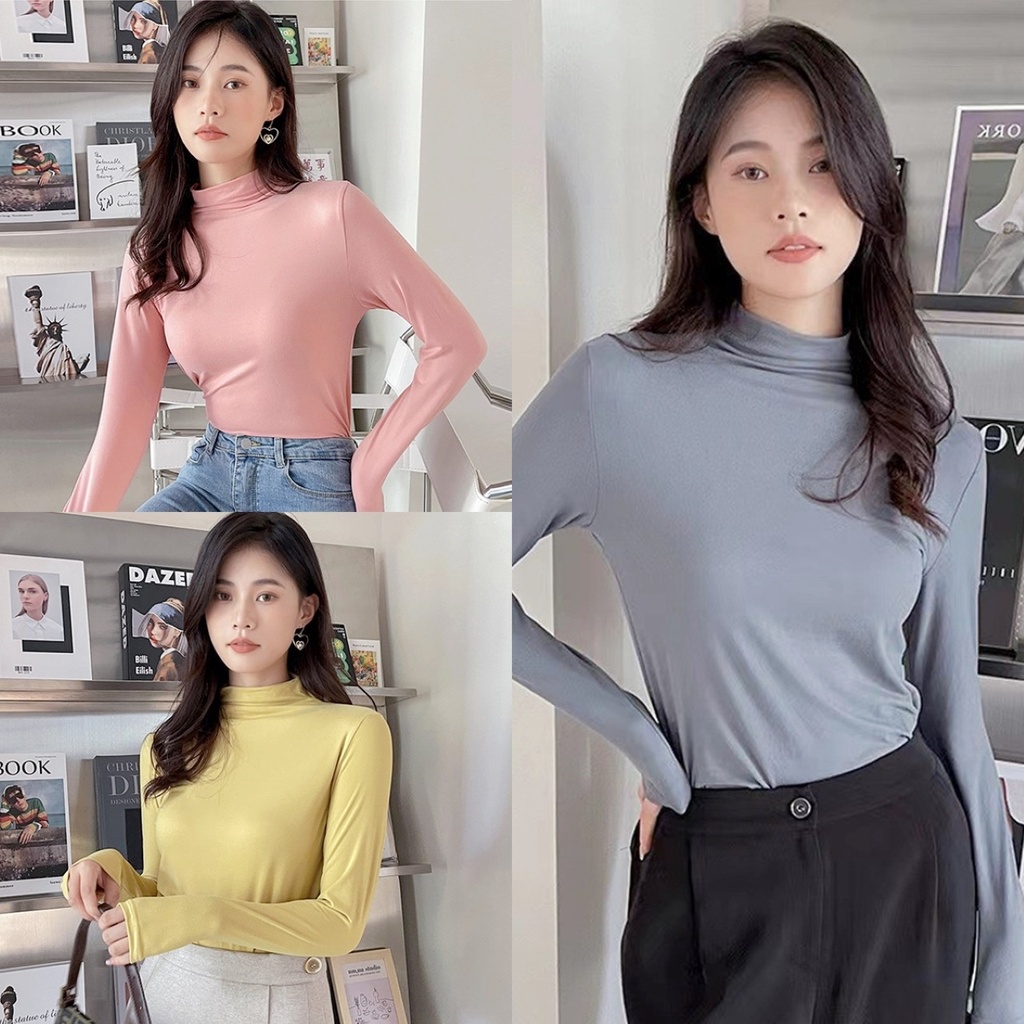 ราคาถูกที่สุด เสื้อยืดคอสูงแขนยาว ผ้านิ่มเด้ง ขอบหยักเล็กน้อย สีพื้น 8 สี