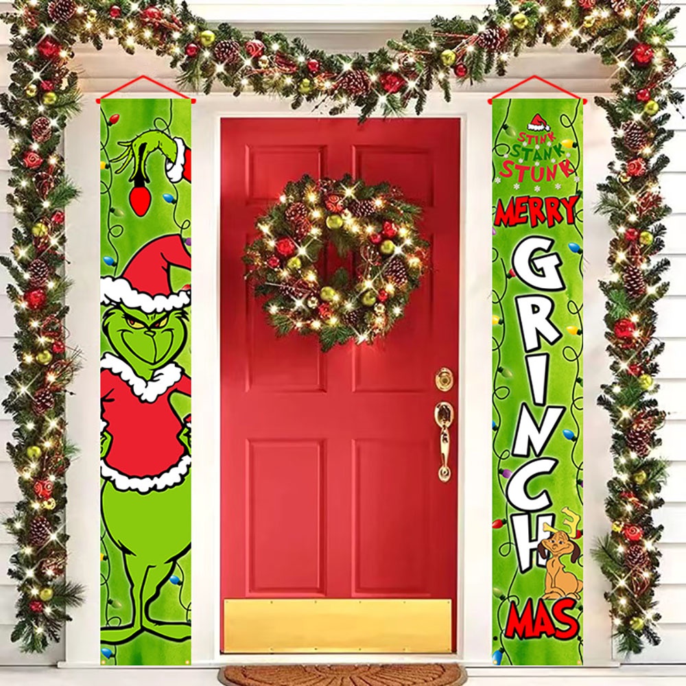 Grinch ตกแต่งคริสต์มาส Grinch Porch ป้ายแบนเนอร์ประตู Merry Grinchmas