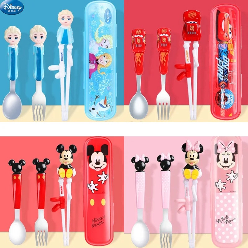 🔥พร้อมส่ง🐥ชุดช้อนส้อม ตะเกียบ สเตนเลส 304 ลายการ์ตูนดิสนีย์ สําหรับเด็ก