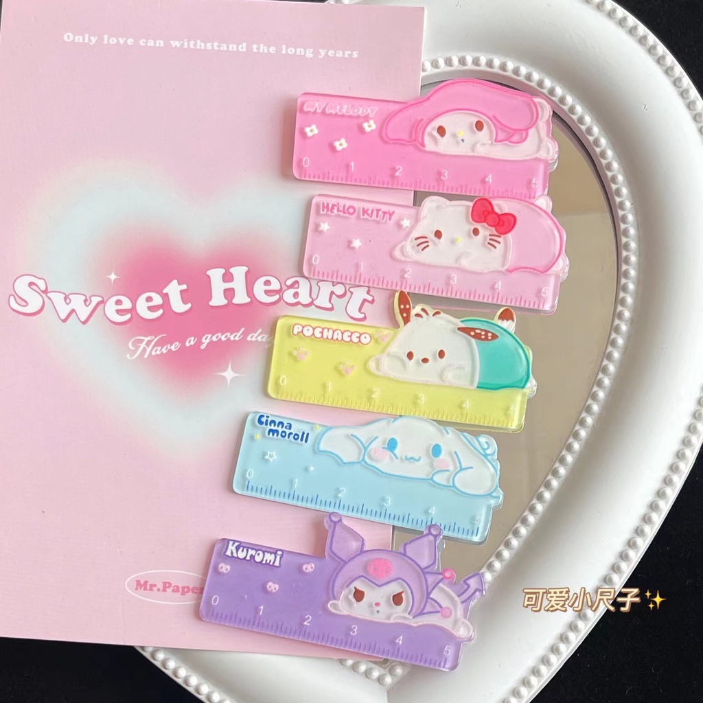 SANRIO ไม้บรรทัดขนาดเล็ก ซานริโอ เครื่องเขียนอะคริลิคนักเรียนการ์ตูนแบบพกพาไม้บรรทัดขนาดเล็กสร้างสรรค์แบบพกพา