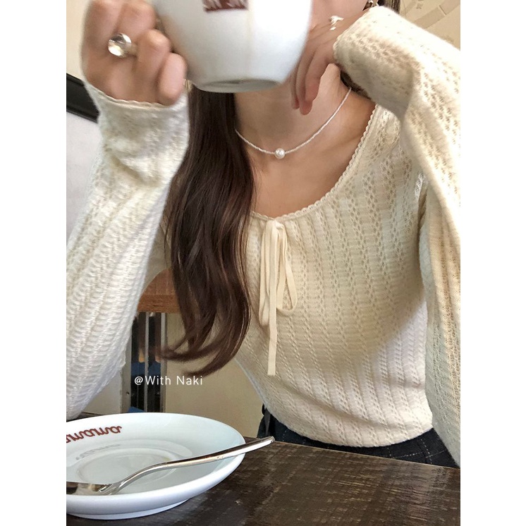 เสื้อกันหนาวแขนยาว ประดับโบว์ ระดับไฮเอนด์ แฟชั่นฤดูใบไม้ร่วง สไตล์ฝรั่งเศส สําหรับผู้หญิง