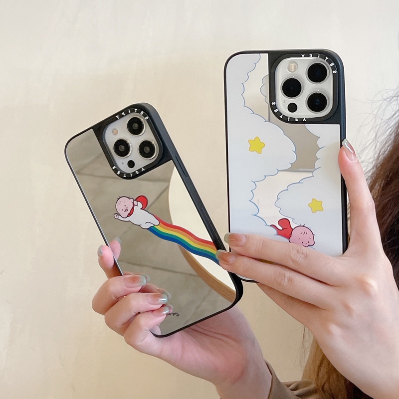 Casetif ตลก Boy Rainbow Eat Cloud กระจกน่ารักเคสโทรศัพท์สําหรับ IPhone 14 15 16 Pro Max 12 13 Mini 11 12 Pro Max X Xr Xs 14 15 16 Plus น่ารักซิลิโคนปลอกเต็มฝาครอบป้องกัน