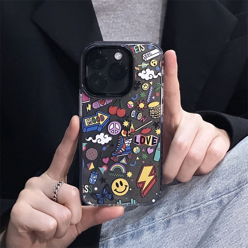 Huiwanju เคสโทรศัพท์มือถือ แบบใส ลายหน้ายิ้ม รูใหญ่ เรียบง่าย สีดํา สําหรับ iPhone 14promax 13 12 XL 11