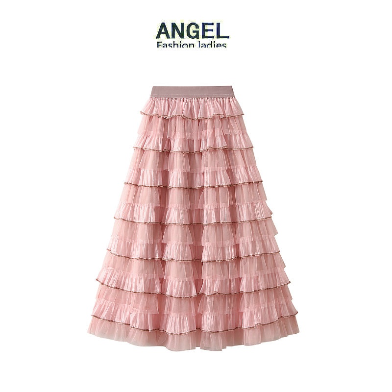[6 สี] ANGEL กระโปรงแม็กซี่ สีพื้น ตาข่าย เกาหลี ยืดหยุ่น เอวสูง ทรงเอ สีชมพู บาง สวิงทูตู กระโปรงทูเล่ ยาว สําหรับผู้หญิง