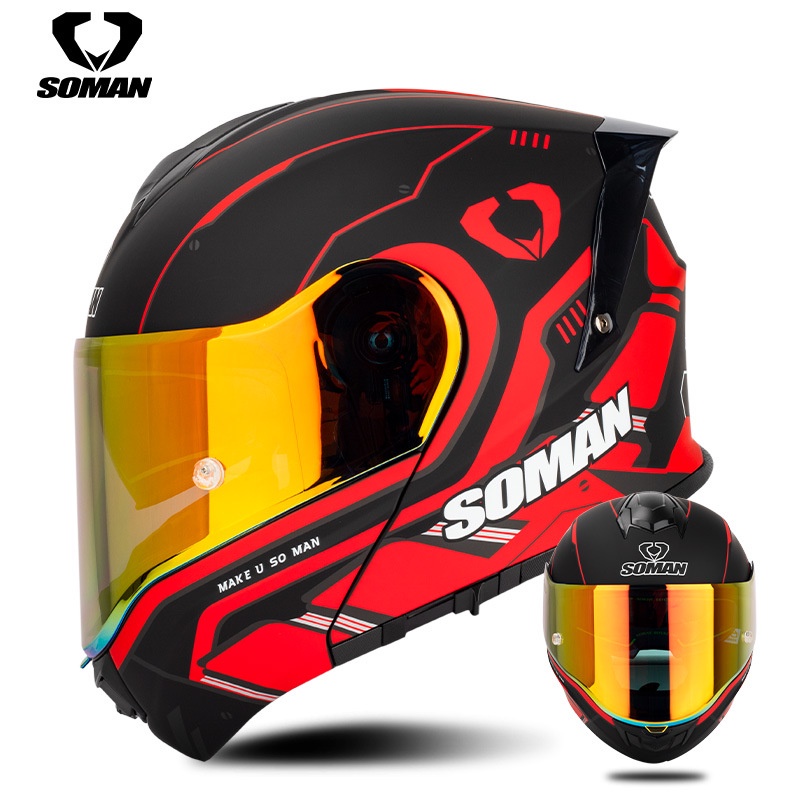 [Shipped on the same day] SOMAN motorcycle helmet double lens cover helmet riding helmet Four Seasons motorcycle big head circumference SM965 with color film KKRY