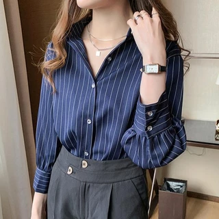 ❤️LittlebeeW285❤️เวอร์ชั่นเกาหลี เสื้อเชิ้ตลายทางสีน้ำเงินเข้ม เสื้อเชิ้ตทำงานหลวม 2 สี