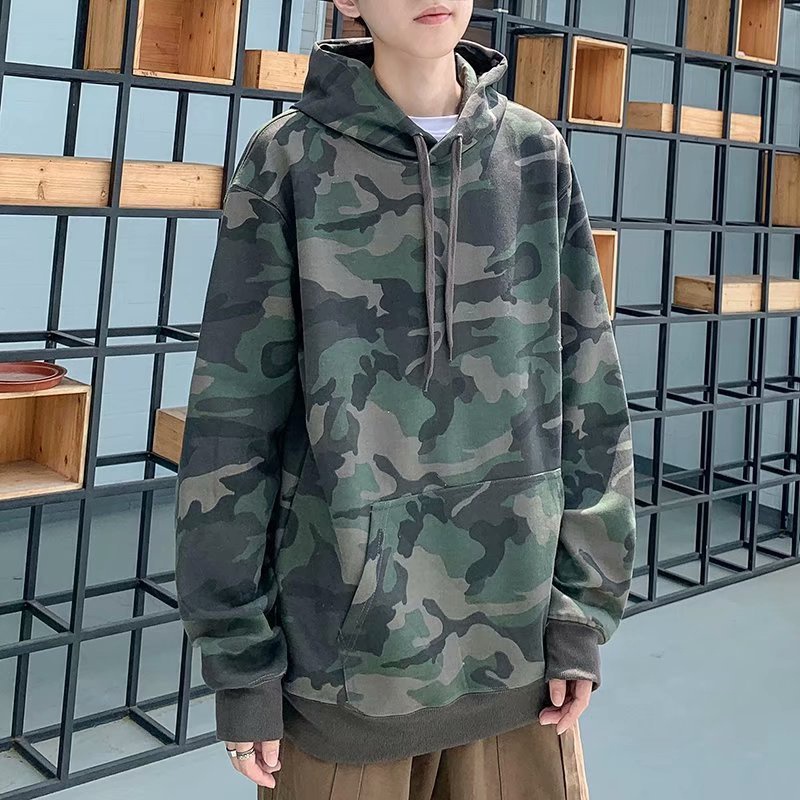 เสื้อกันหนาว มีฮู้ด ลายพราง สีเขียวทหาร ทรงหลวม ขนาดใหญ่ สําหรับผู้ชาย
