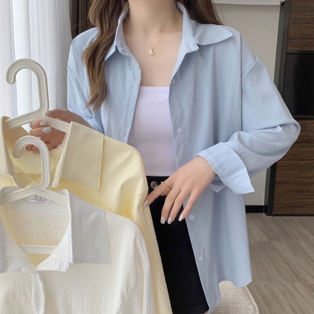 พร้อมส่ง เสื้อเชิ้ตมีซิปบน-ล่าง แขนยาว คอปก โอเวอร์ไซส์ เชิ้ตผู้หญิง สไตล์เกาหลี เสื้อมินิมอล Clothing Women