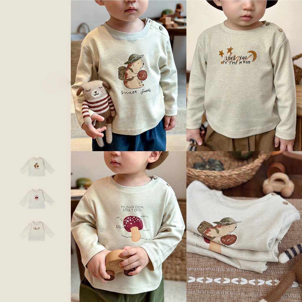 [Mengdao Fairy Tale] ผ้าฝ้ายสีสันสดใสธรรมชาติฤดูใบไม้ร่วงชายหญิงเด็กแขนยาวเสื้อยืดพิมพ์ด้านบน