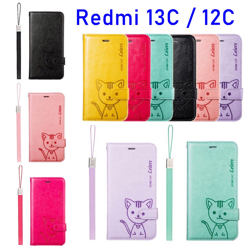 รุ่นใหม่ Redmi 14C 13C 12C A3 A1 A2Plus เคสฝาพับ แถมสาย ล็อคได้ สำหรับ Redmi12C เคสกันกระแทก Redmi13C ใส่บัตรได้ Domicat