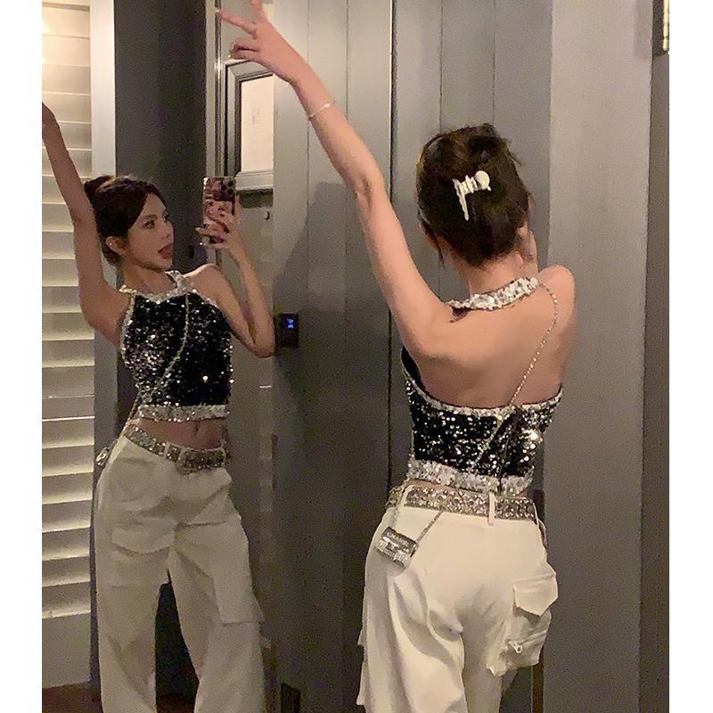 เสื้อกั๊ก Halter หญิงความรู้สึกระดับไฮเอนด์ [Miss Sister Sequins Galaxy Halter Neck titi Heavy Industry Bright Hot Girl] YA1O