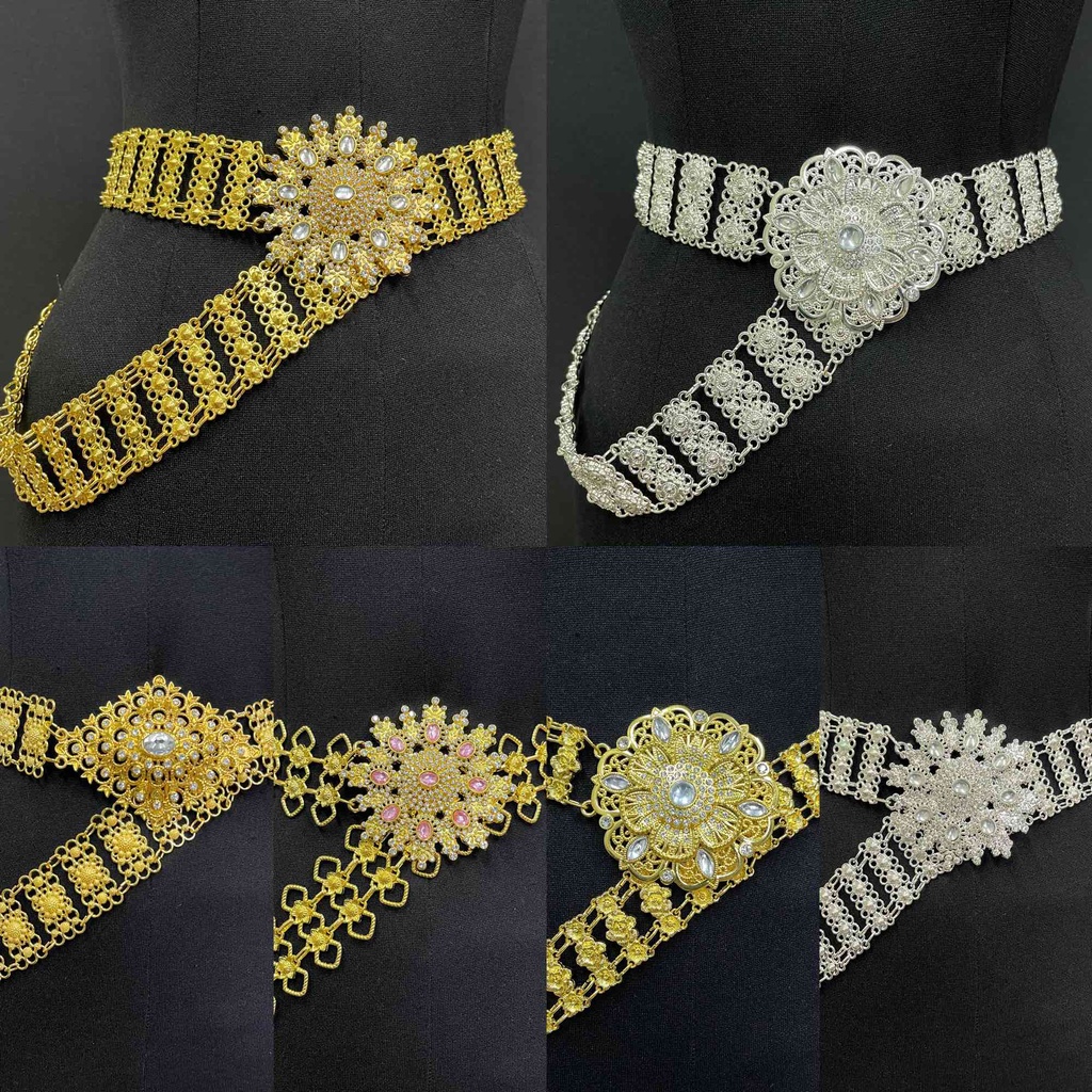เข็มขัดชุดไทยสำหรับผู้หญิง สีทองสีเงิน ประดับด้วยพลอย งานฝีมือประณีตเข็มขัด ชุดล้านนาไทหัวเข็มขัด