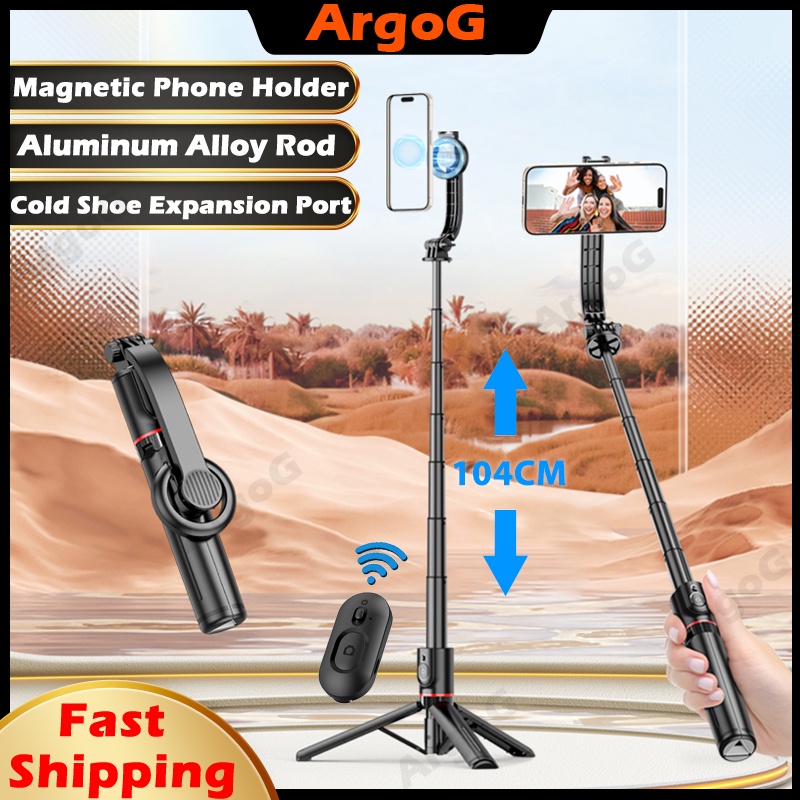 Argog ขาตั้งกล้องไม้เซลฟี่แม่เหล็ก 104 ซม. พร้อมรีโมตไร้สาย All-in-One สําหรับบันทึกวิดีโอ แบบพกพา เ
