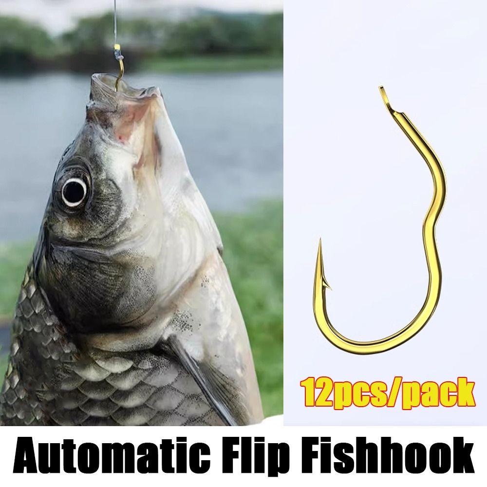 Andin 12 ชิ้น/แพ็คอัตโนมัติ Flip Fishhook, Anti Slip Sharp Barbed Gold Fishing Hook, ตกปลาเหล็กคาร์บอนสูง - รูปที่ 7