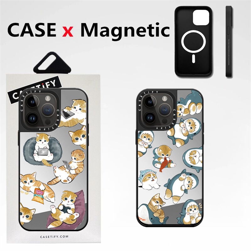 Casetifg เคสโทรศัพท์มือถือแบบกระจกแข็ง กันกระแทก ลายแมวสีส้มน่ารัก พร้อมกล่องชาร์จแม่เหล็ก คุณภาพสูง สําหรับ iPhone 15 12 13 14 Pro Max