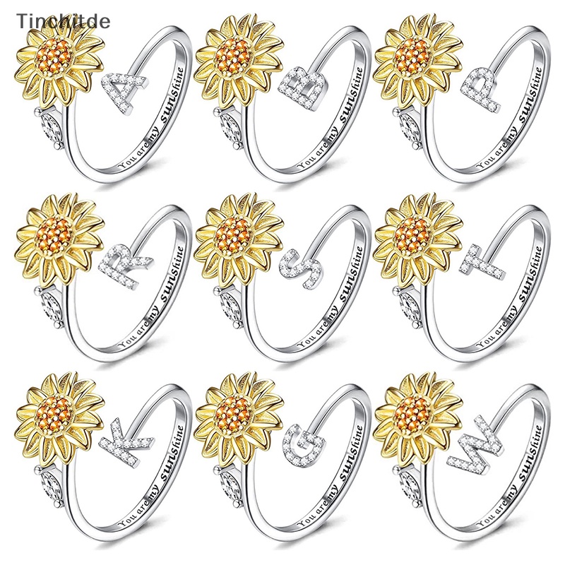 [Tinchitde] แหวน ลายดอกทานตะวัน ตัวอักษร โรแท็ก ป้องกันความวิตกกังวล เครื่องประดับ สําหรับผู้หญิง ของขวัญวันเกิด [Preferred]