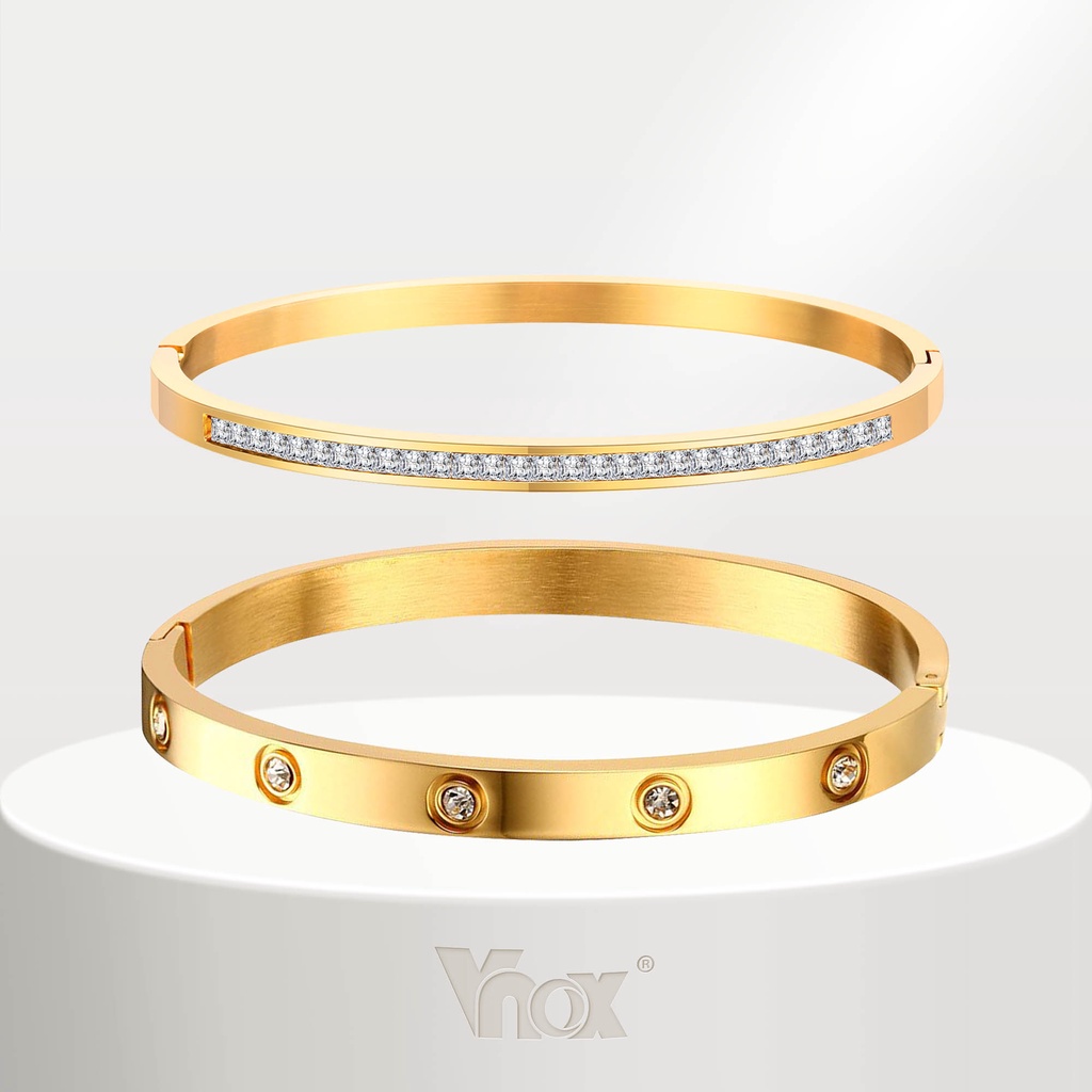 Vnox กําไลข้อมือคริสตัล ชุบทอง 18K ประดับเพทาย ของขวัญวันเกิด วันวาเลนไทน์ สําหรับแฟนสาว 2 ชิ้น